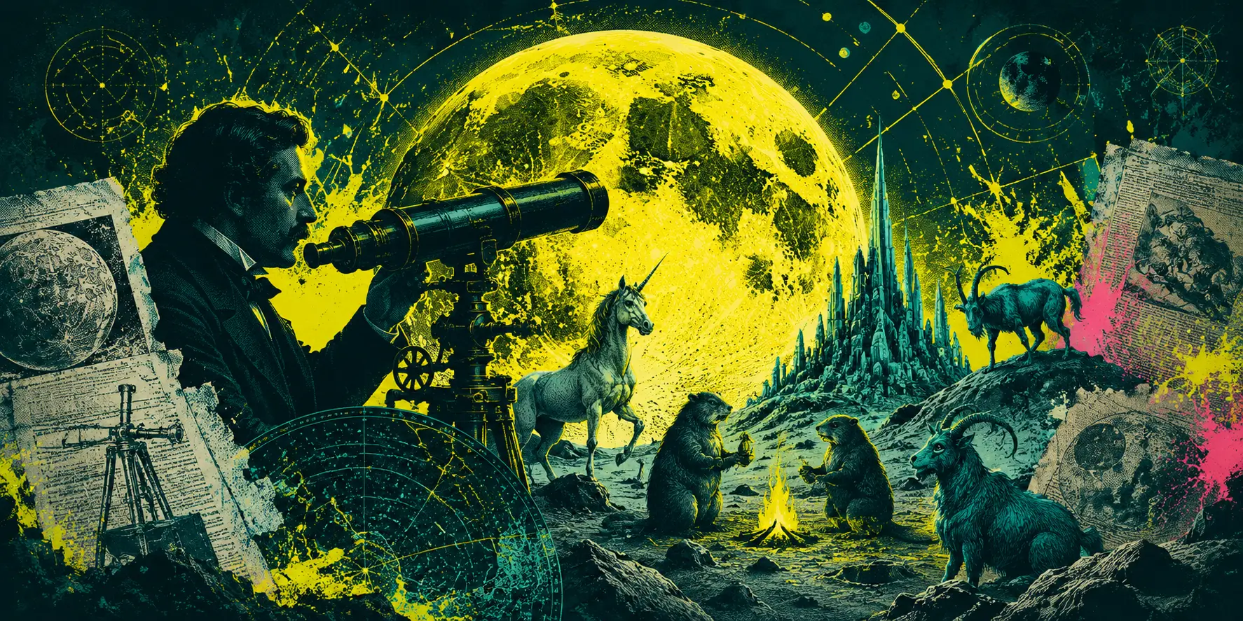 How fake news works: A man looks through a telescope at a moon inhabited by fantasy creatures – a reference to the Great Moon Hoax of 1835.