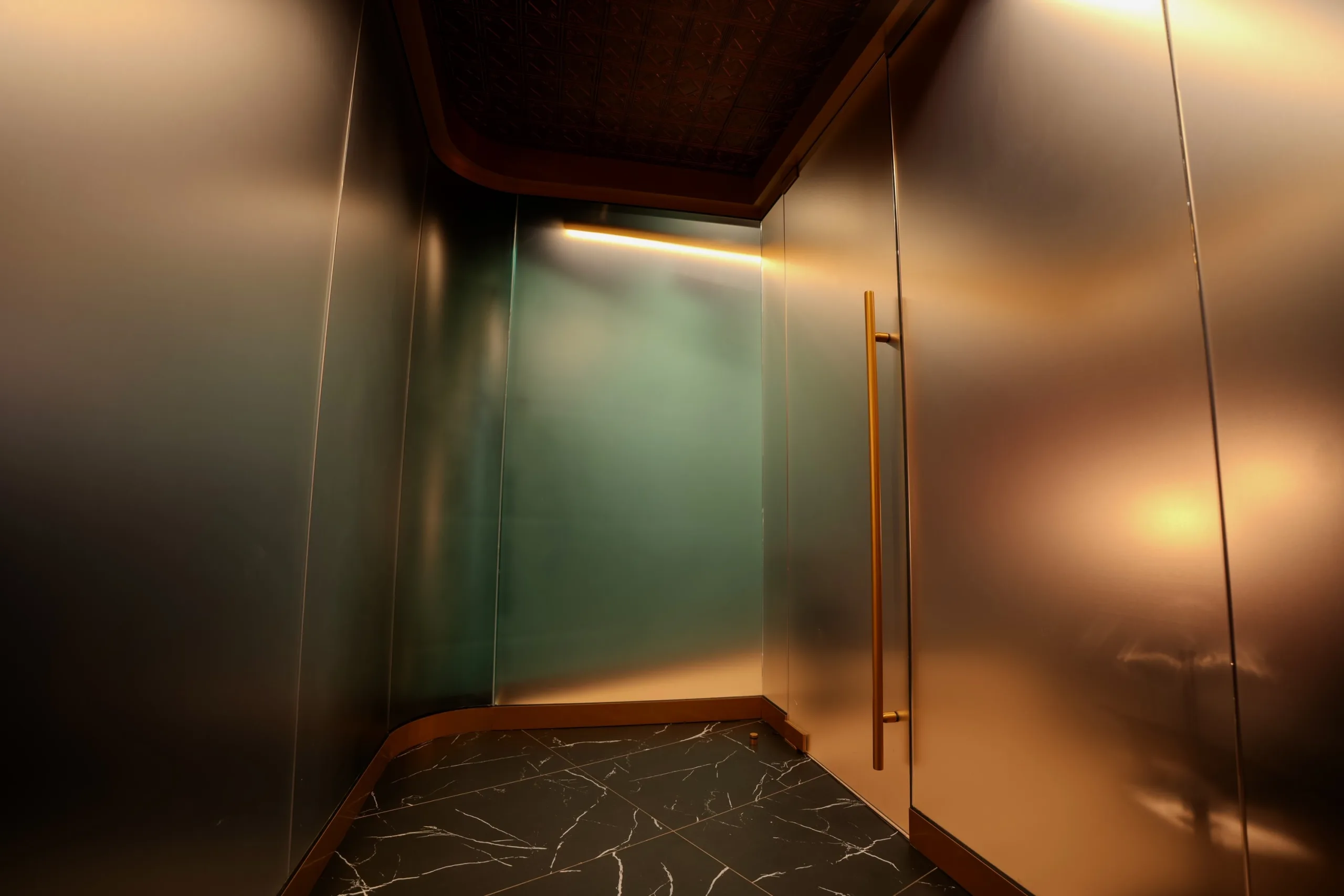 A brass door handle catching the light