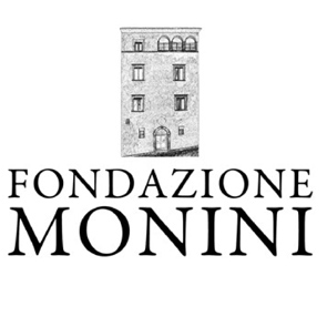 Logo della Fondazione Monini al Festival di Spoleto, edificio storico in bianco e nero