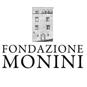 Logo della Fondazione Monini al Festival di Spoleto, edificio storico in bianco e nero