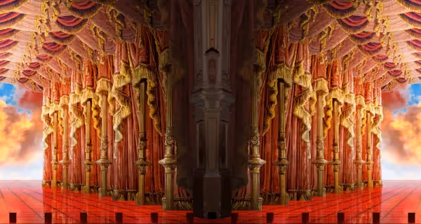 Dramatic stage design at Festival di Spoleto with ornate red and gold curtains