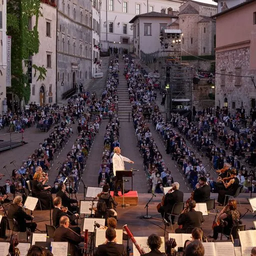 Orchestra sinfonica sul palco durante il Festival di Spoleto, piazza gremita di spettatori