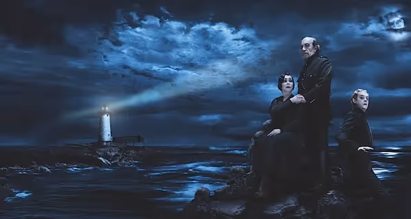 Festival di Spoleto performance art: Dark ocean scene with lighthouse and three figures