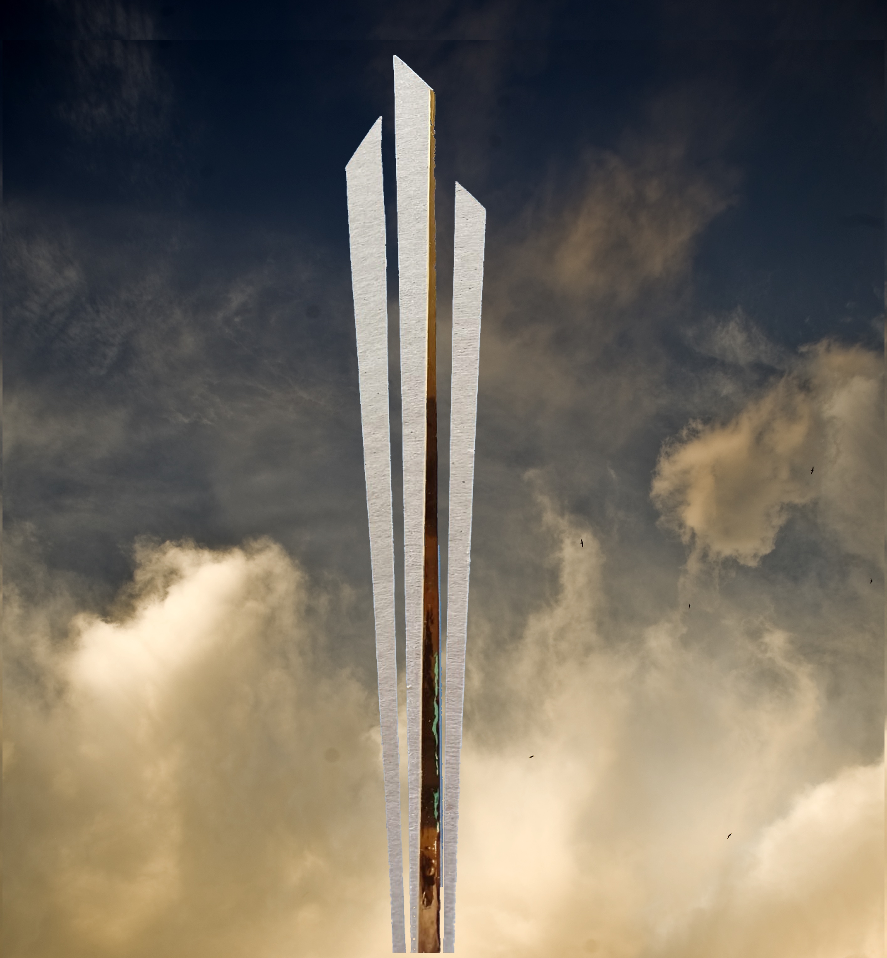 Vertical sculptural installation rising through cloudy sky at Festival di Spoleto