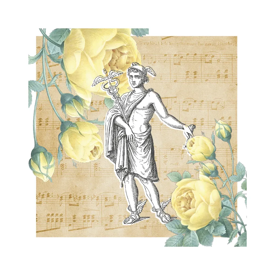 Locandina artistica per Festival di Spoleto con figura mitologica e spartito musicale