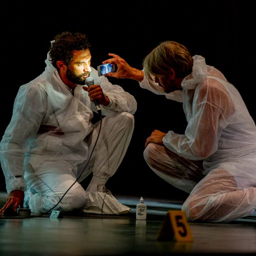 Festival di Spoleto performers in forensic scene exploring dramatic theatrical narrative