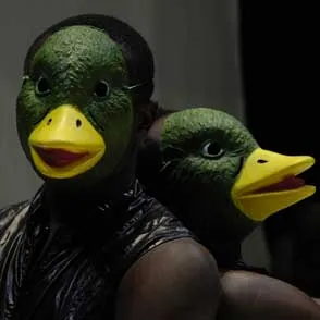 Green-headed rubber ducks at Festival di Spoleto, surreal art installation