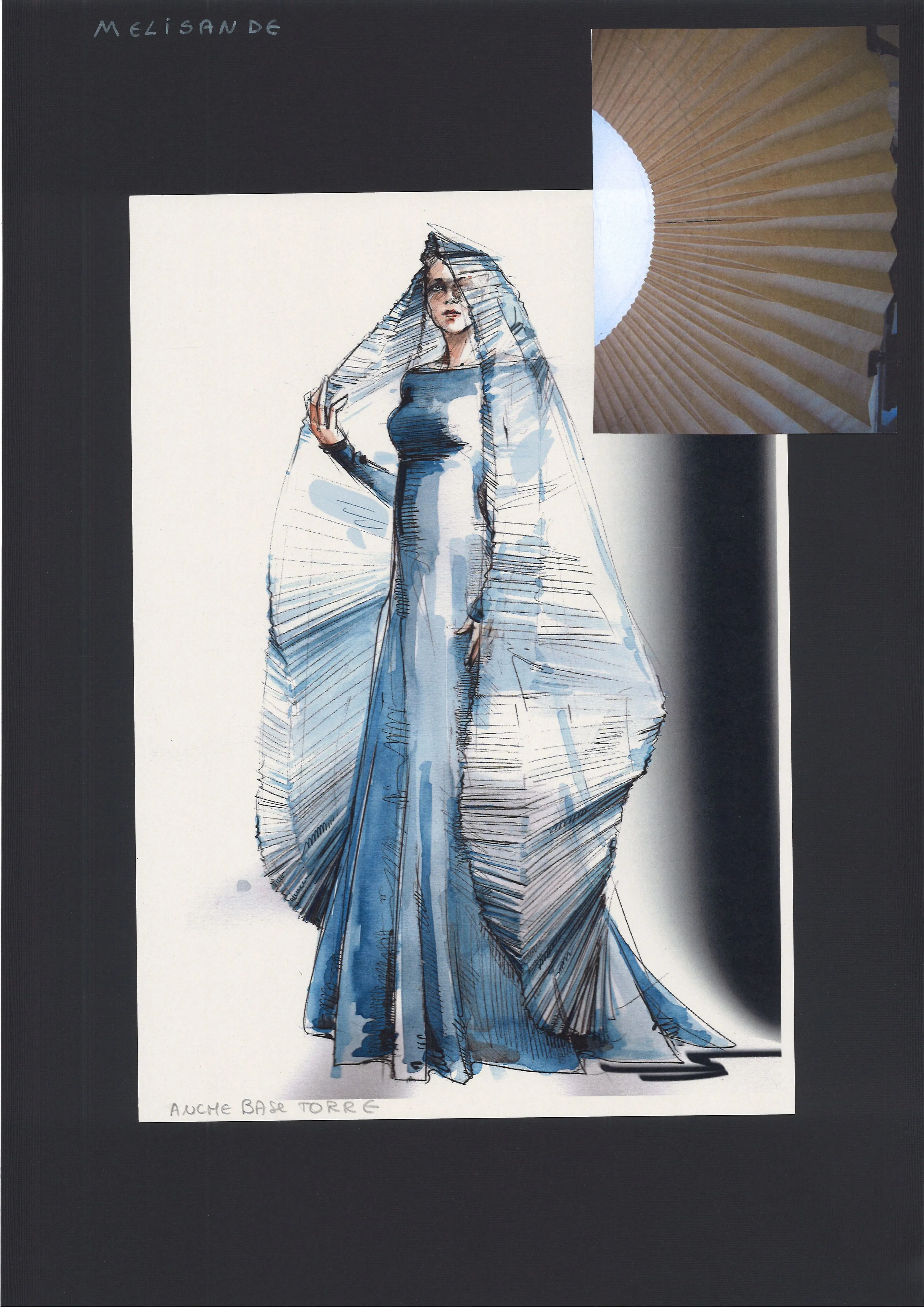 Bozzetto di costume blu per Melisande al Festival di Spoleto