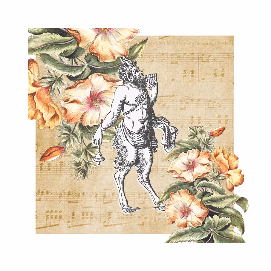 Illustrazione musicale per il Festival di Spoleto con figura mitologica e fiori