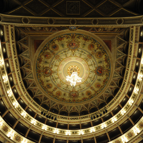 Ornate ceiling of Teatro Nuovo at Spoleto Festival di Spoleto