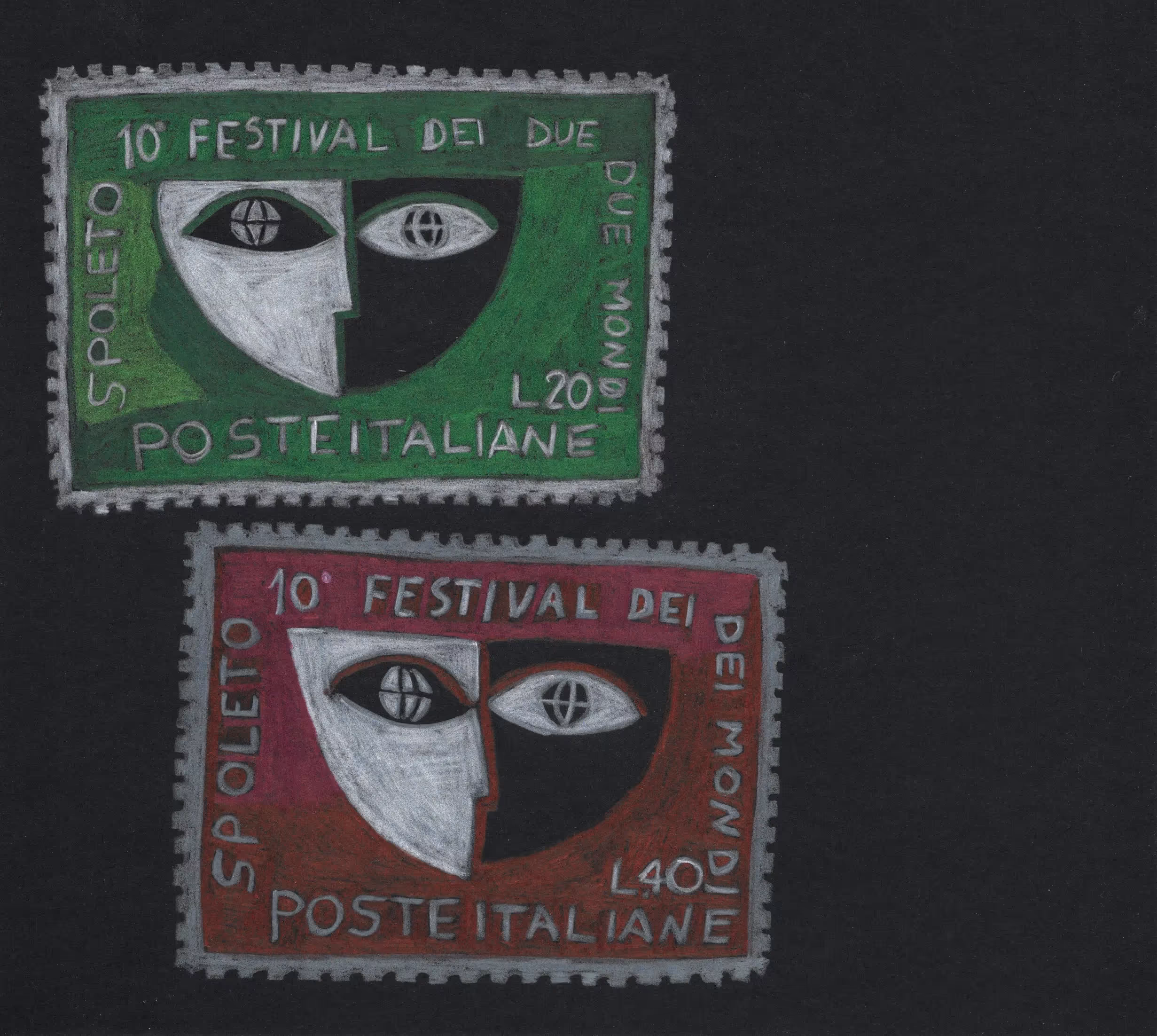 Spoleto Festival stamps with stylized faces in green and red colors
