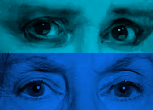 Close-up of intense eyes in teal and blue tones at Festival di Spoleto