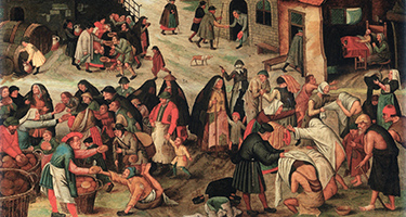 Bustling Festival di Spoleto scene with medieval people in colorful Renaissance attire