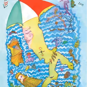 Festival di Spoleto poster with whimsical Italy-shaped illustration and colorful waves