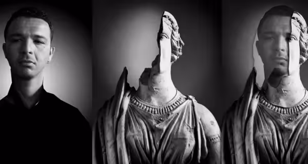 Festival di Spoleto artistic portrait blending human and classical statue imagery