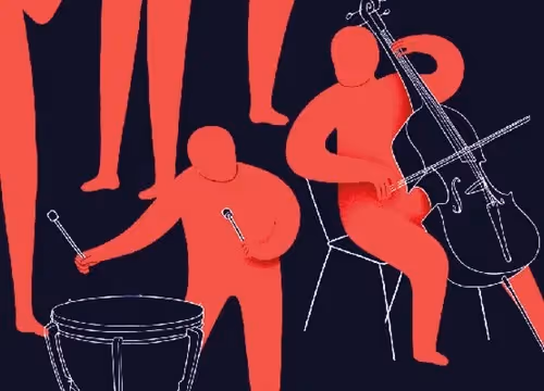 Festival di Spoleto musicians playing percussion and cello in stylized red silhouettes