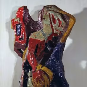 Colorful abstract sculpture at Festival di Spoleto, fragmented human form