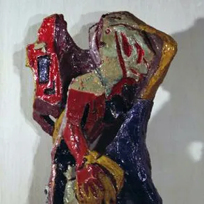 Colorful abstract sculpture at Festival di Spoleto, fragmented human form