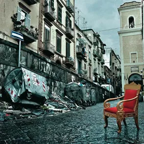 Spoleto Festival di urban scene with vintage chair amid urban debris