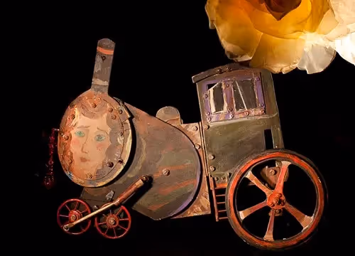 Vintage machinery display at Festival di Spoleto, rusty steampunk-style contraption