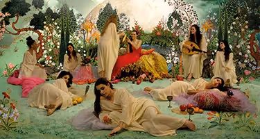 Colorful Festival di Spoleto artwork depicting women relaxing in lush garden