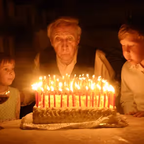 Festa di Spoleto: anziano soffia candeline con giovani accanto alla torta illuminata