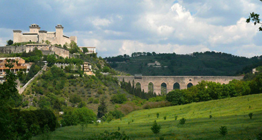 Spoleto di Festival landscape with medieval fortress and stone aqueduct