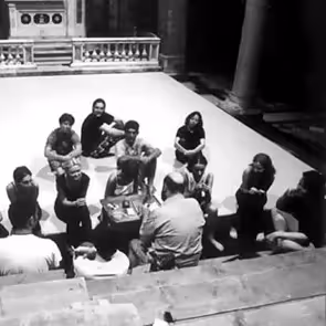 Festival di Spoleto performers gathering backstage in black and white