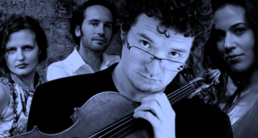 Musicians posing at Festival di Spoleto, classical ensemble in monochrome portrait