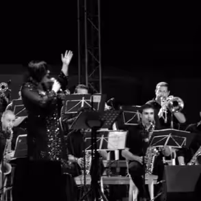 Jazz musicians performing at Festival di Spoleto, black and white stage scene