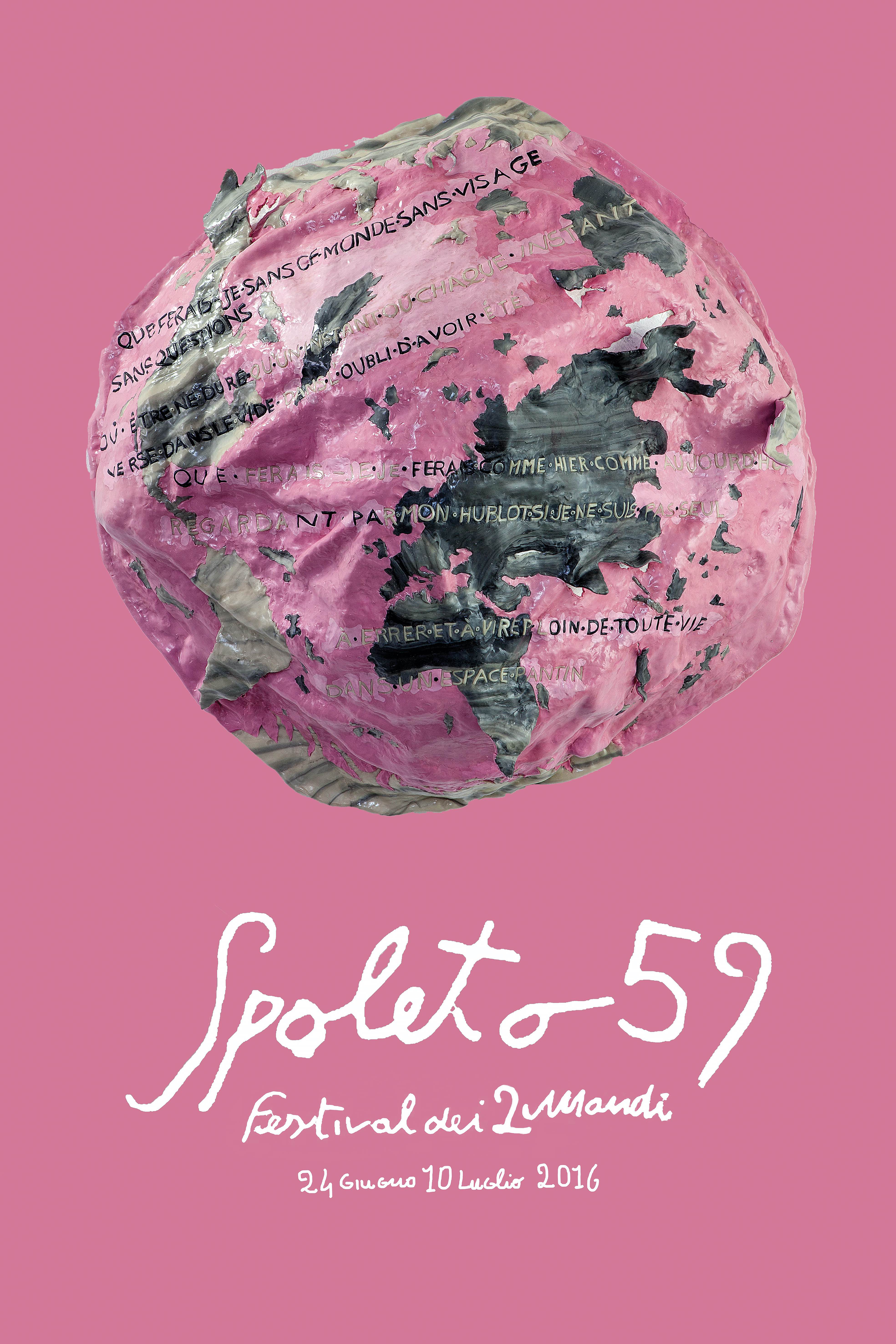 Poster del Festival di Spoleto 59, globo artistico in rosa e grigio