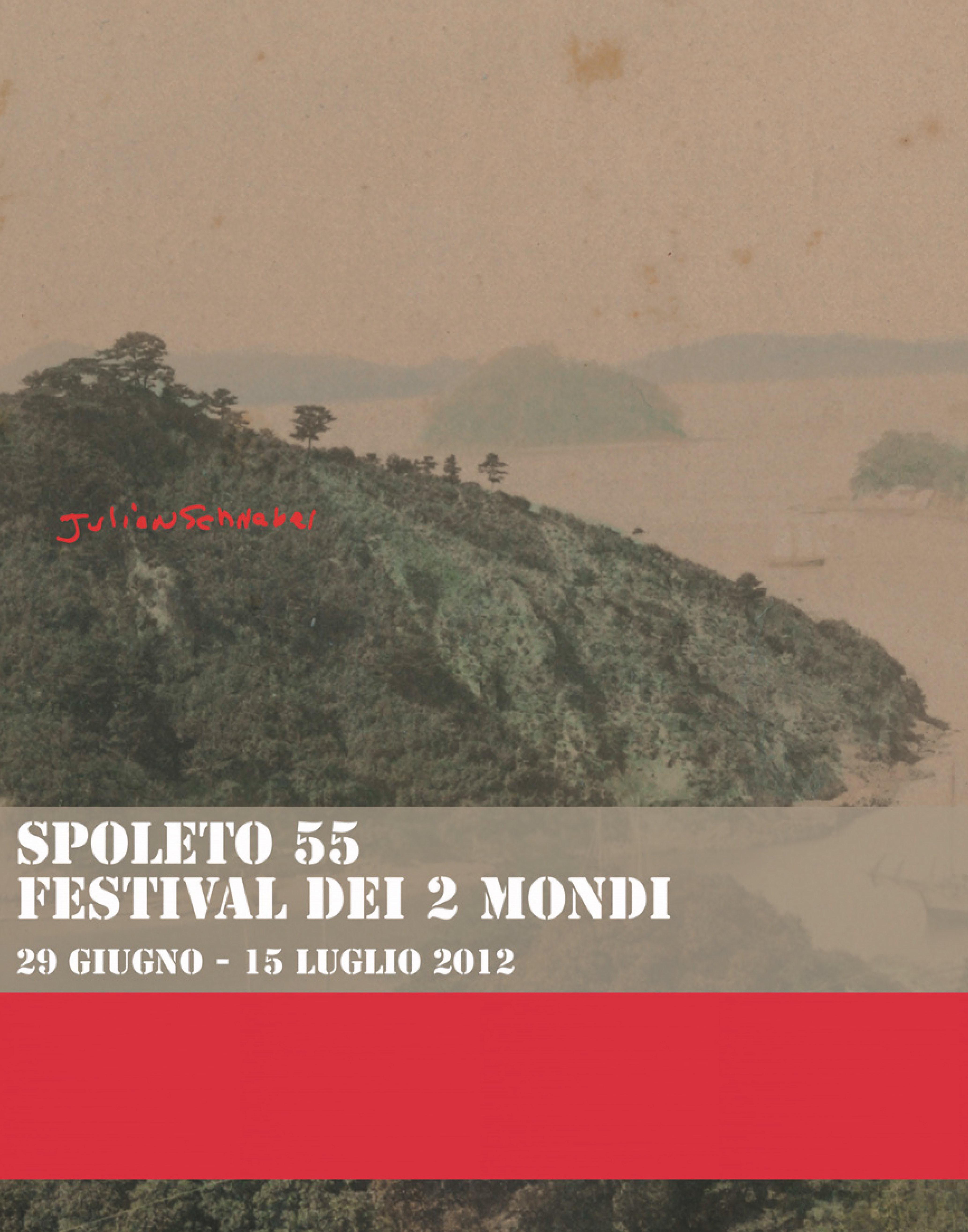Poster del Festival di Spoleto 55, paesaggio verde con isole e montagne