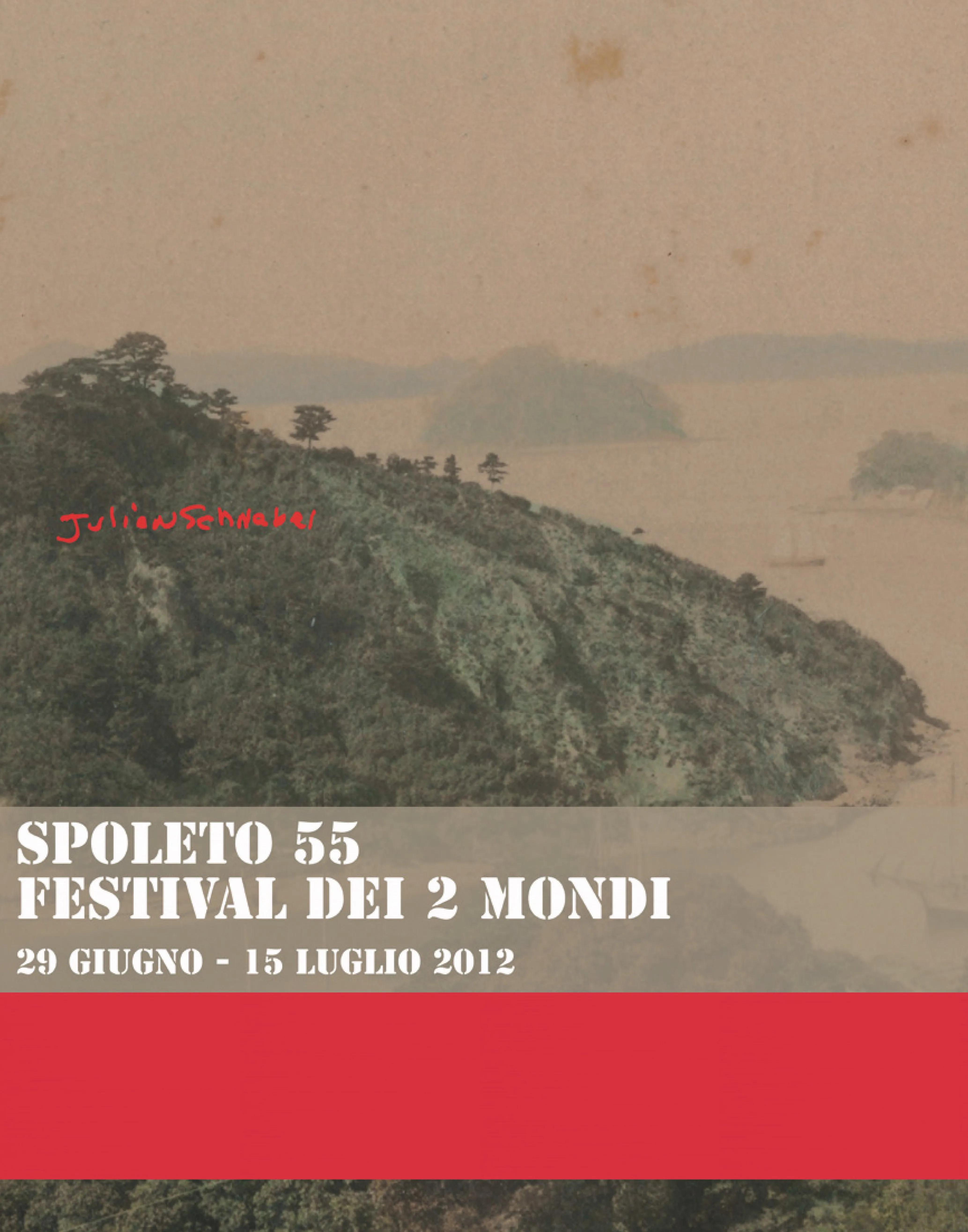 Poster del Festival di Spoleto 55, paesaggio verde con isole e montagne