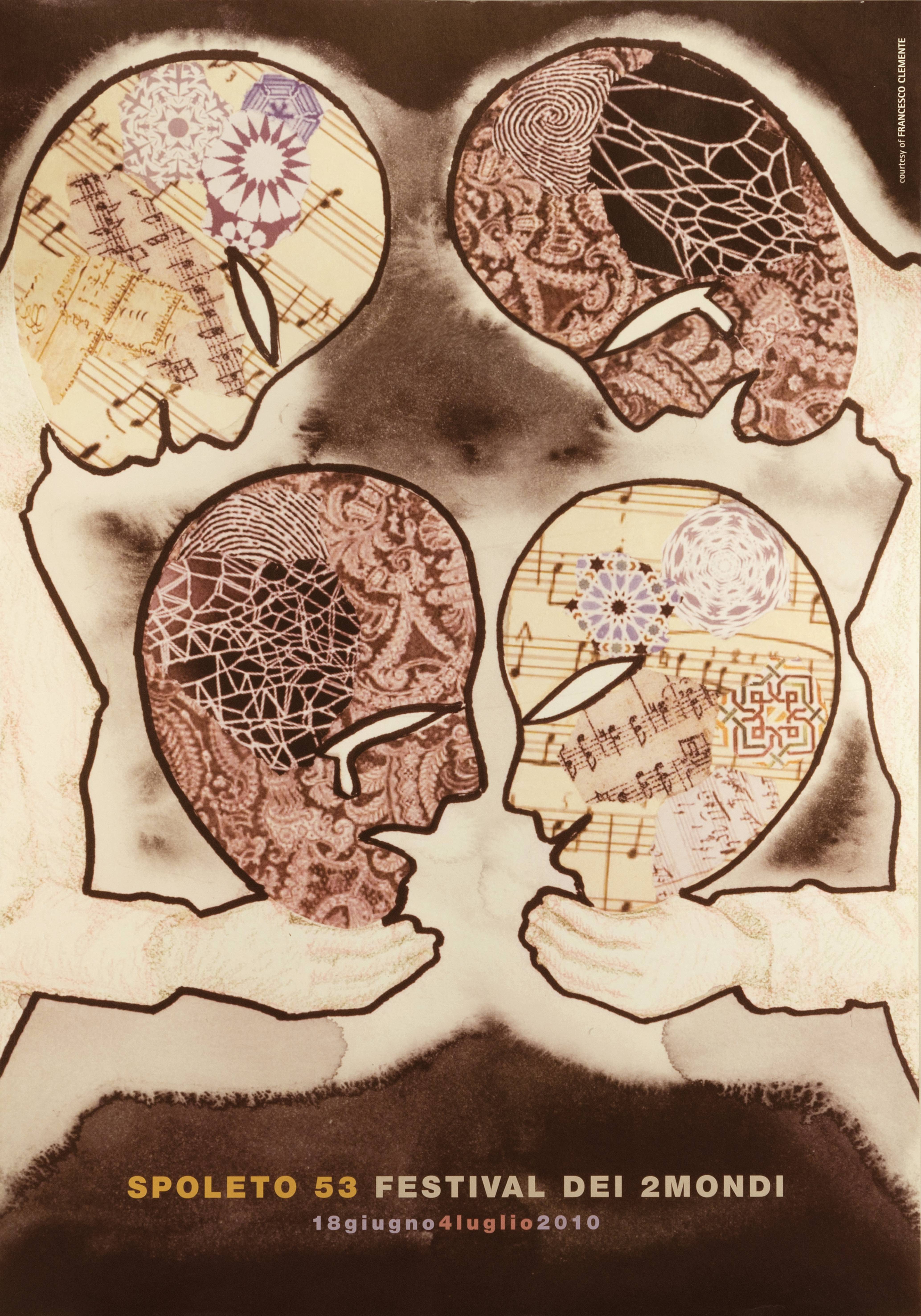 Poster del 53° Festival di Spoleto, teste creative con spartiti musicali