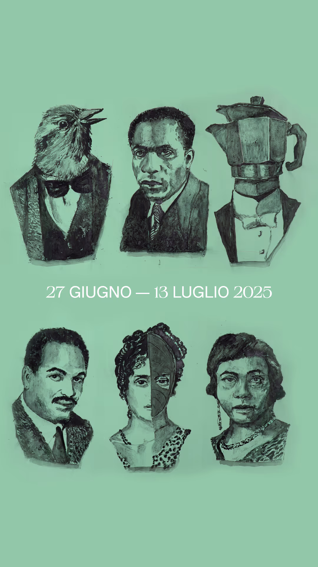 Poster del Festival di Spoleto 2025 con ritratti artistici in verde