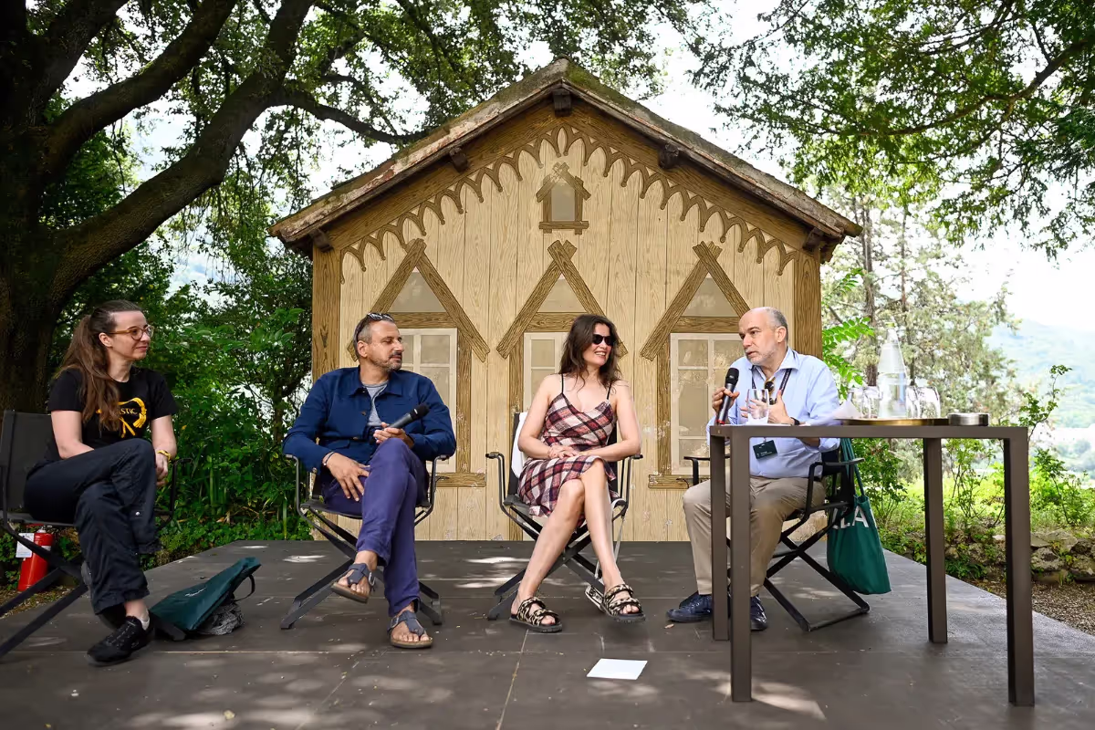 Video Festival di Spoleto panel discussion with four speakers outdoors