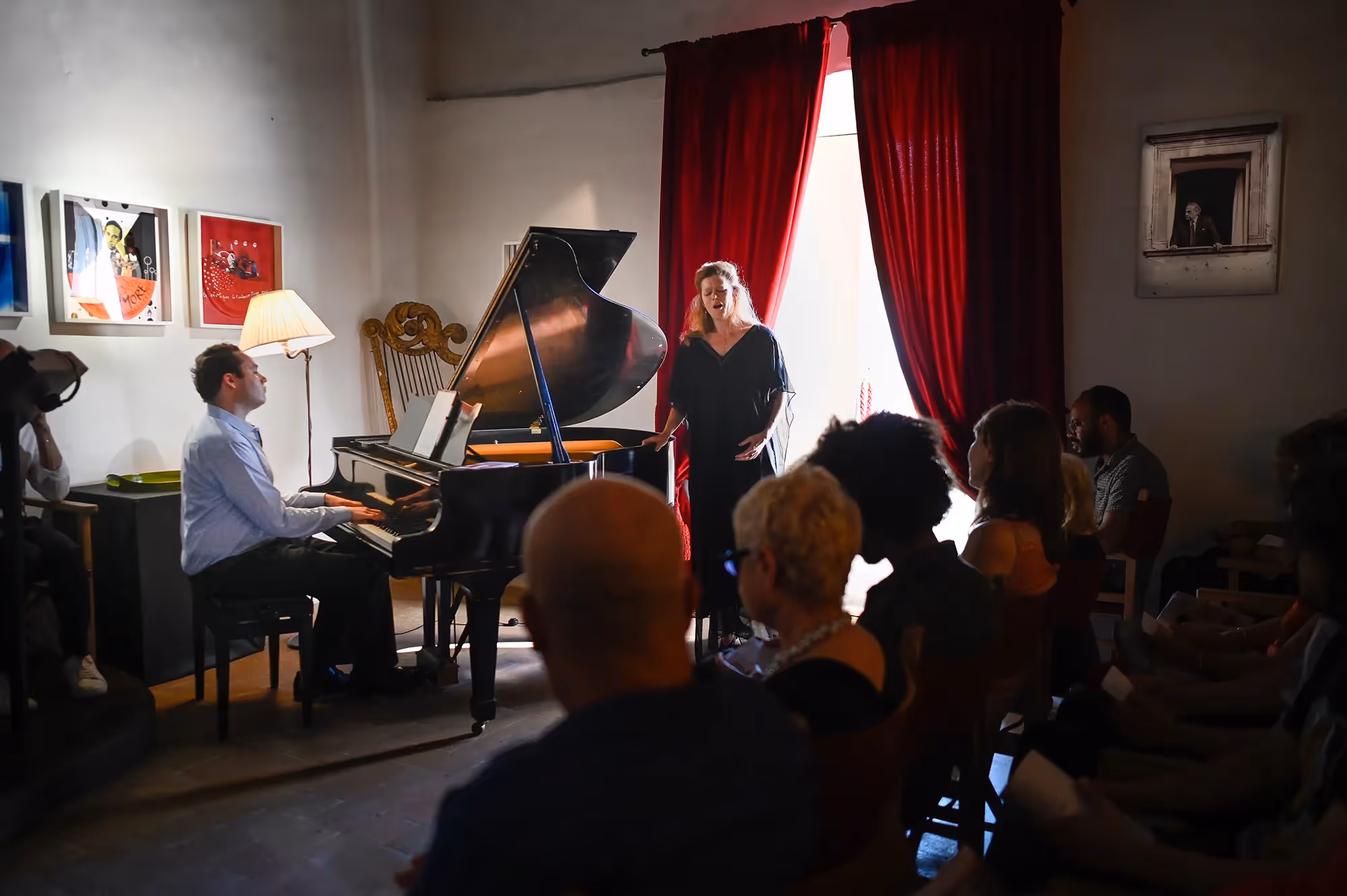 Intimate musical performance at Festival di Spoleto, pianist and vocalist performing