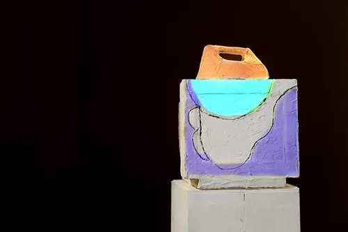 Colorful abstract sculpture at Festival di Spoleto, geometric shapes on pedestal