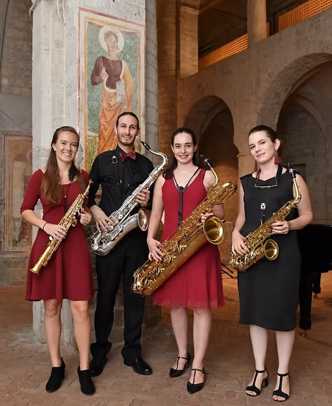 Saxophone quartet performing at Festival di Spoleto in historic stone venue