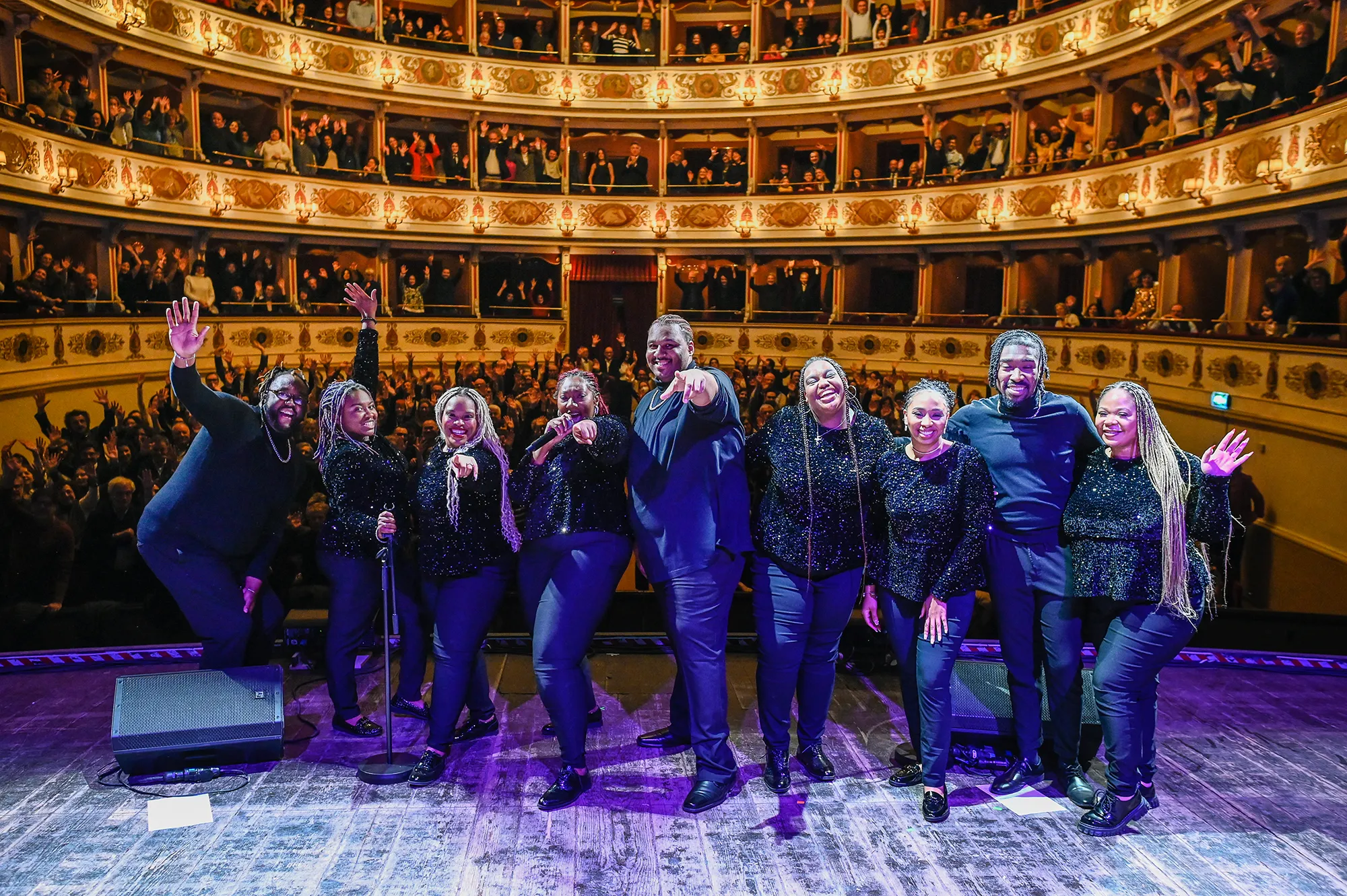 Gospel choir performs at Festival di Spoleto in ornate historic theater