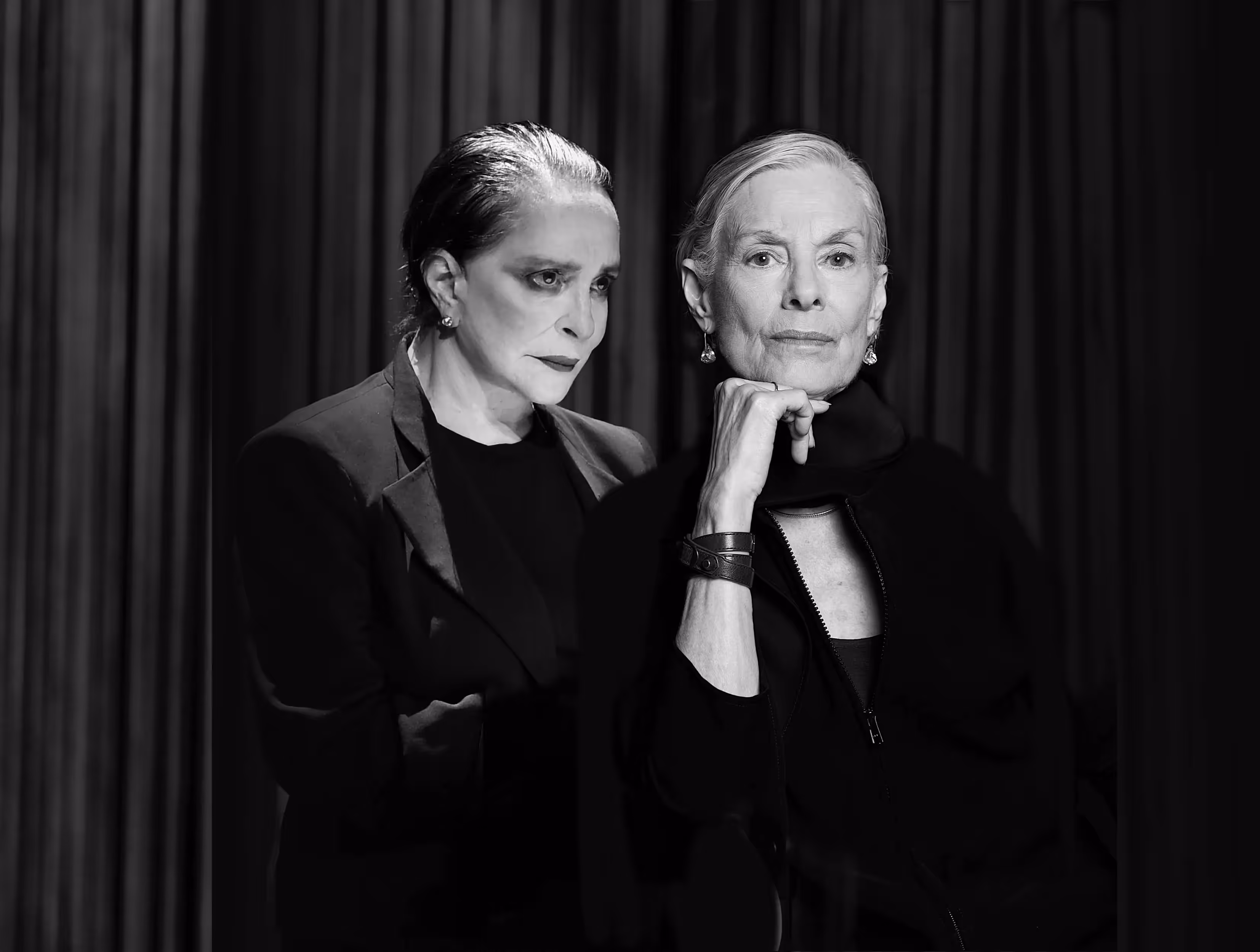 Performers in black at Festival di Spoleto, dramatic black and white portrait