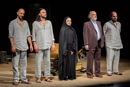 Actors on stage at Festival di Spoleto, diverse costumes and dramatic poses