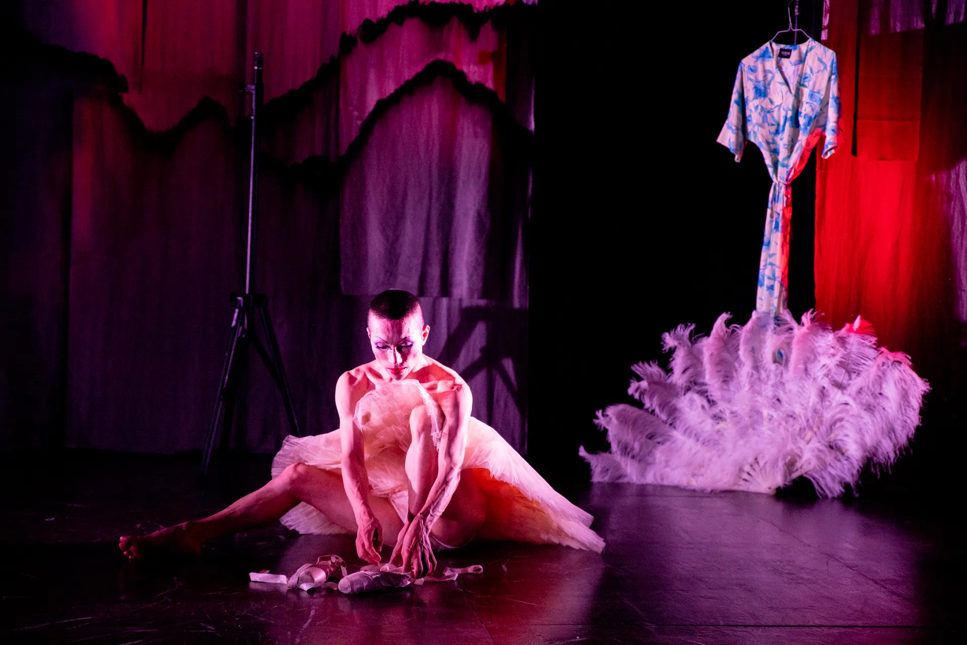 Festival di Spoleto performance: Dancer in pink tutu on dramatic stage