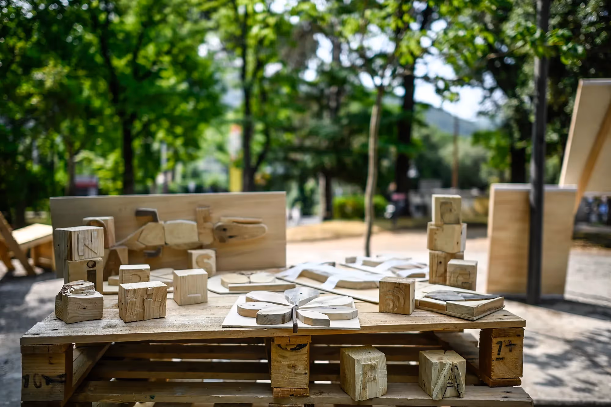 Wooden blocks and stamps at Festival di Spoleto outdoor art installation
