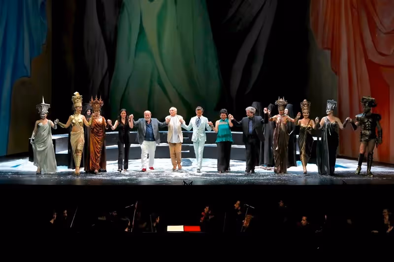 Festival di Spoleto performance with diverse actors in elaborate costumes on stage