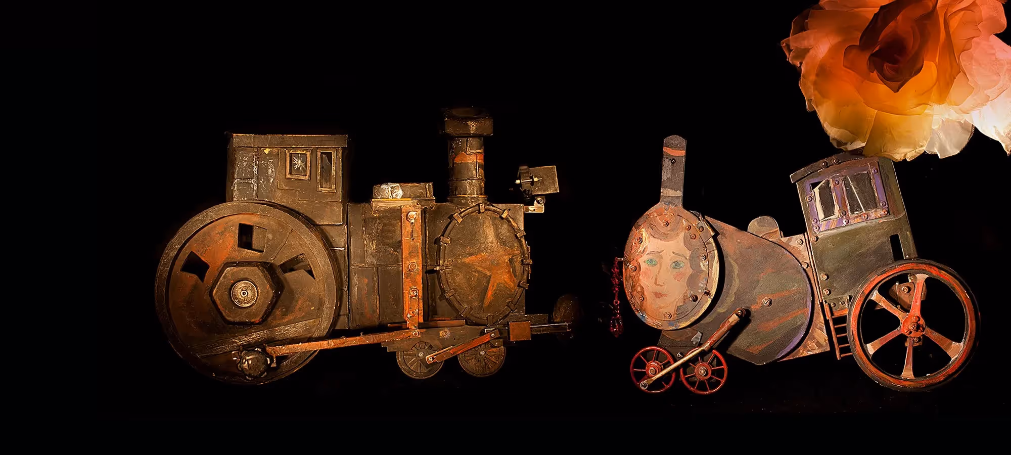 Artistic steampunk train models at Festival di Spoleto, rusty mechanical design