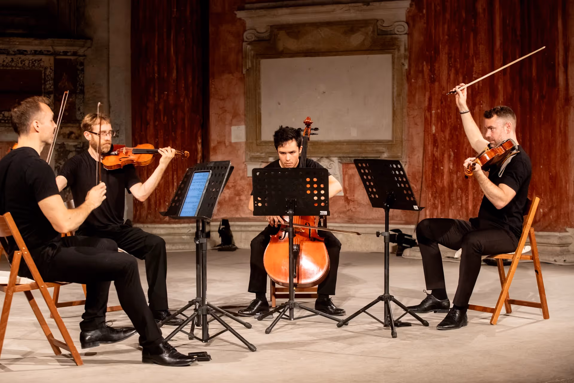 String quartet performing at Festival di Spoleto in historic ornate venue