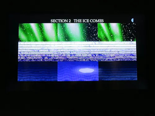 Festival di Spoleto: Cosmic ice landscape with green aurora and starry background