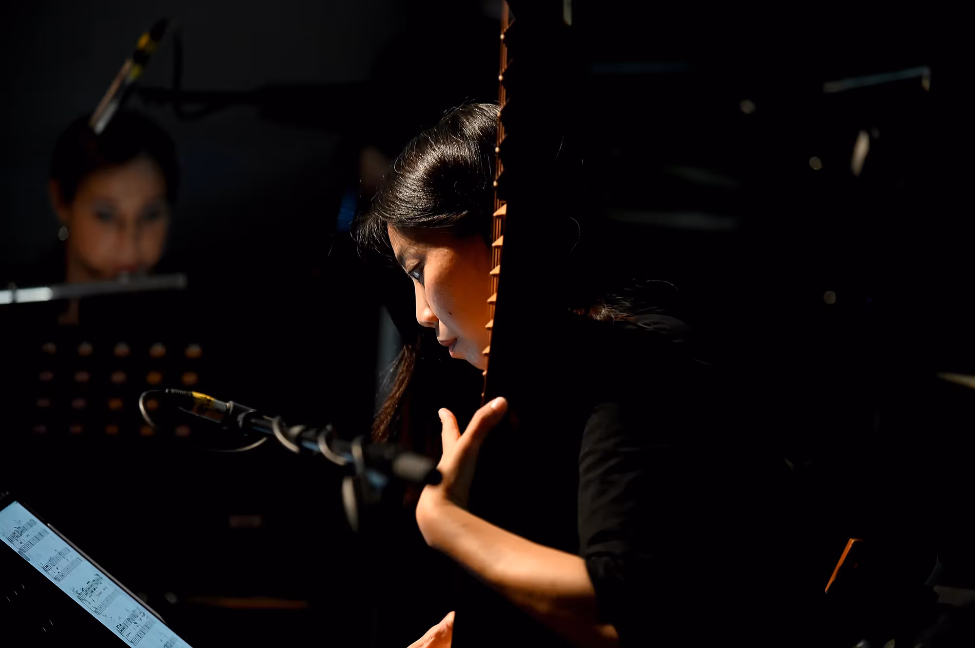Musician performing at Festival di Spoleto, illuminated by dramatic stage lighting