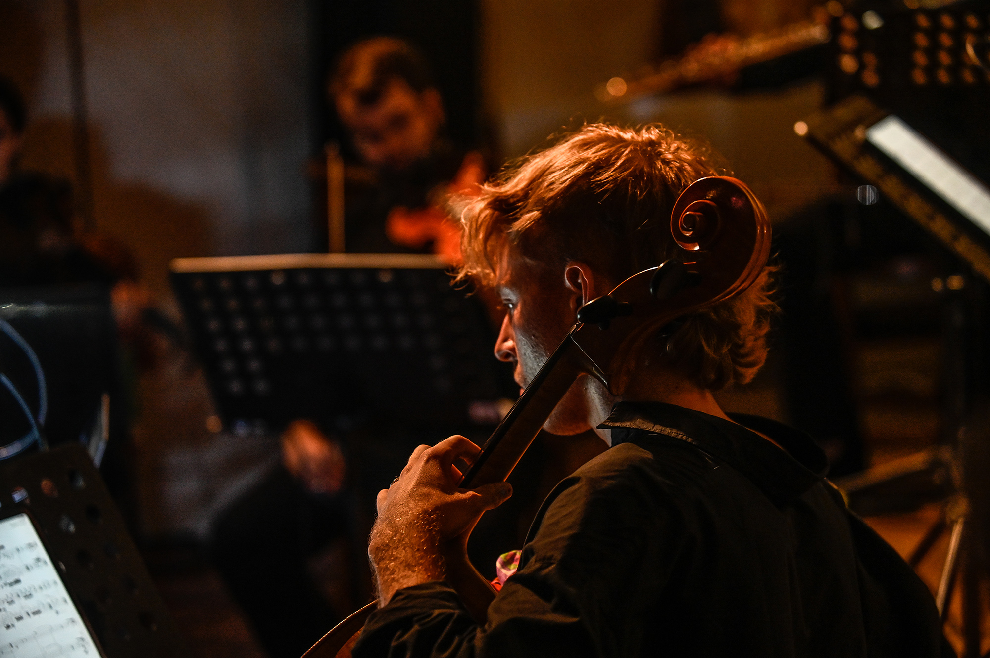 Violoncellista durante il Festival di Spoleto, immerso nella musica intensa